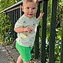 casual_clothing, child, curious, daylight, dinosaur_shirt, green_shorts, ivy, leaves, metal_railing, nature, outdoor, pathway, person, shoes, smiling, sunlight, toddler, trees, walking, young