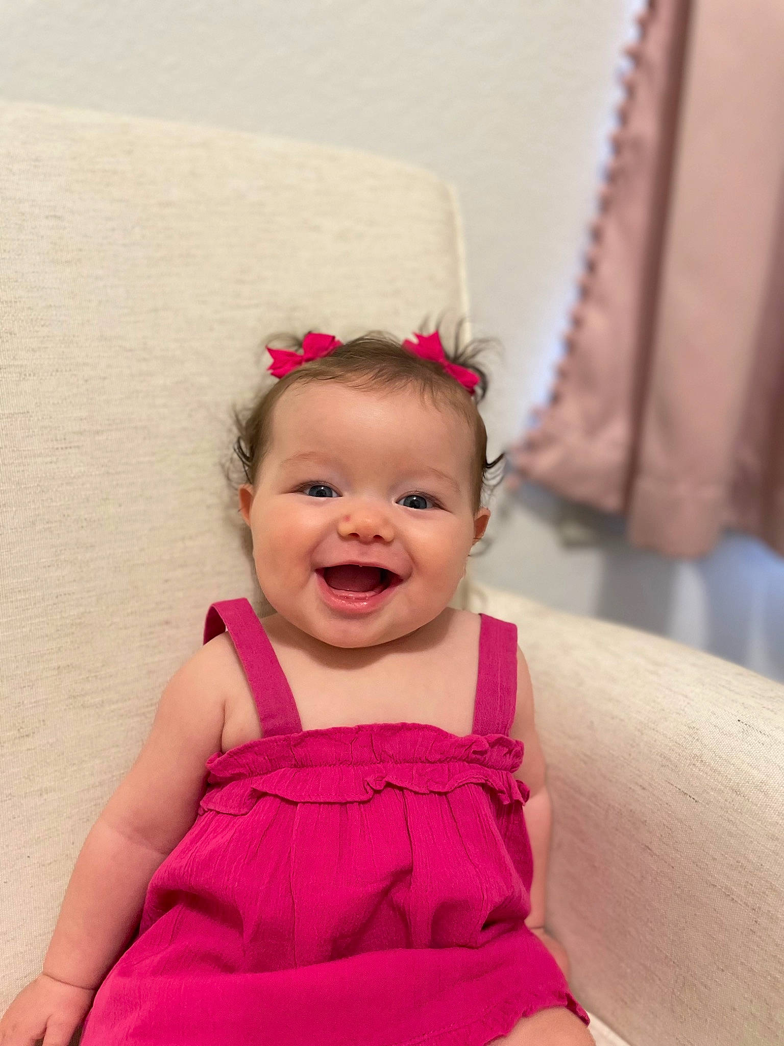 Aurelia is registered to the contest to win money with this photo: baby, baby_toddler_clothing, cheek, child, day_dress, dress, eye, face, fun, happy, head, joy, magenta, one_piece_garment, pattern, person, pink, purple, skin, sleeve