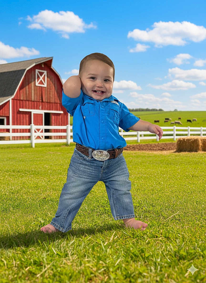 Gabriel is registered to the contest to win money with this photo: toddler, child, blue_shirt, jeans, barefoot, grass, farm, barn, red_barn, belt, smiling, happy, outdoor, sunny, clouds, cows, fence, hay_bale, greenery, portrait