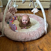 Rhea joined the competition — help win amazing prizes! baby, child, couch, cozy, cute, flooring, happy, home, indoor, infant, living_room, person, play_mat, playtime, plush_toys, smiling, soft_toys, toddler, toy_arch, wooden_floor