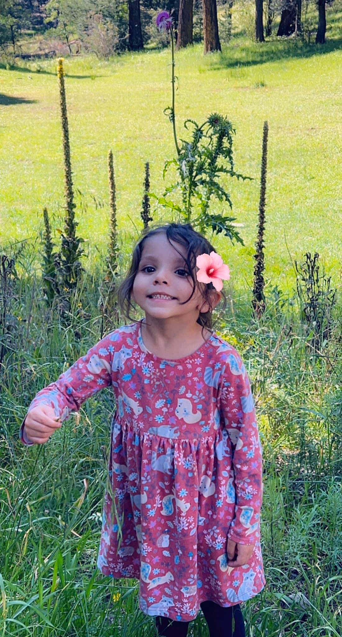 Azi is registered to the contest to win money with this photo: baby_toddler_clothing, botany, dress, eye, grass, grass_family, grassland, hair, happy, head, headgear, joy, leaf, magenta, meadow, people_in_nature, person, plant, sleeve, smile