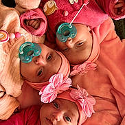 Luna Adela Elvana participe au concours pour gagner de l'argent avec cette photo : baby, blanket, bow, close_up, cozy, eyes_open, fabric, hand, headband, infant, lying_down, nursery, onesie, pacifier, pacifier_clip, pink_color, plush_toy, portrait, skin, triplets