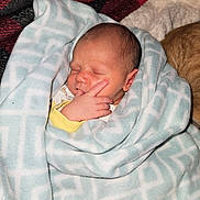 Elijah joined the competition — help win amazing prizes! newborn, baby, sleeping, blanket, soft, hand, face, wrapped, cozy, indoor, pattern, yellow_clothing, infant, peaceful, cute, child, person, resting, warm, bed