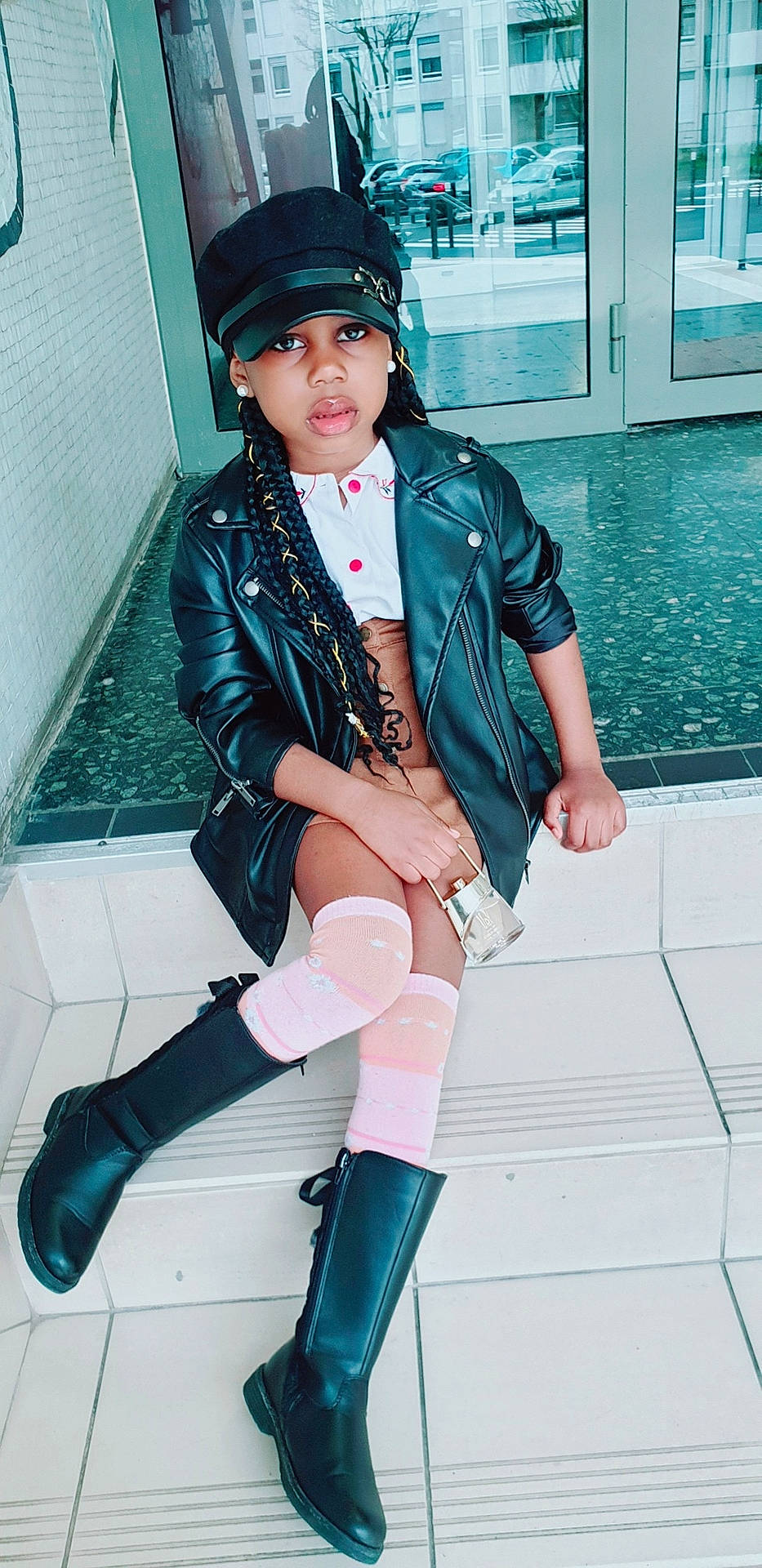 Alexia participe au concours pour gagner de l'argent avec cette photo : black_hair, blazer, cap, collar, cool, fashion_design, glove, hat, headwear, jacket, knee, leather_jacket, leg, person, pink, shoe, sleeve, sneakers, street_fashion, thigh