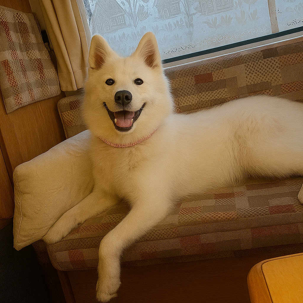 Nala participe au concours pour gagner de l'argent avec cette photo : animal, canine, couch, cozy, curtains, dog, fur, furniture, happy, home, indoors, lace, light, patterned_fabric, pet, relaxed, smiling, table, white_dog, window