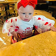 Nevaeh is registered to the contest to win money with this photo: adult, baby, computerhardware, cup, diningtable, face, female, furniture, hardwood, head, indoors, person, photography, plywood, portrait, restaurant, sitting, table, woman, wood