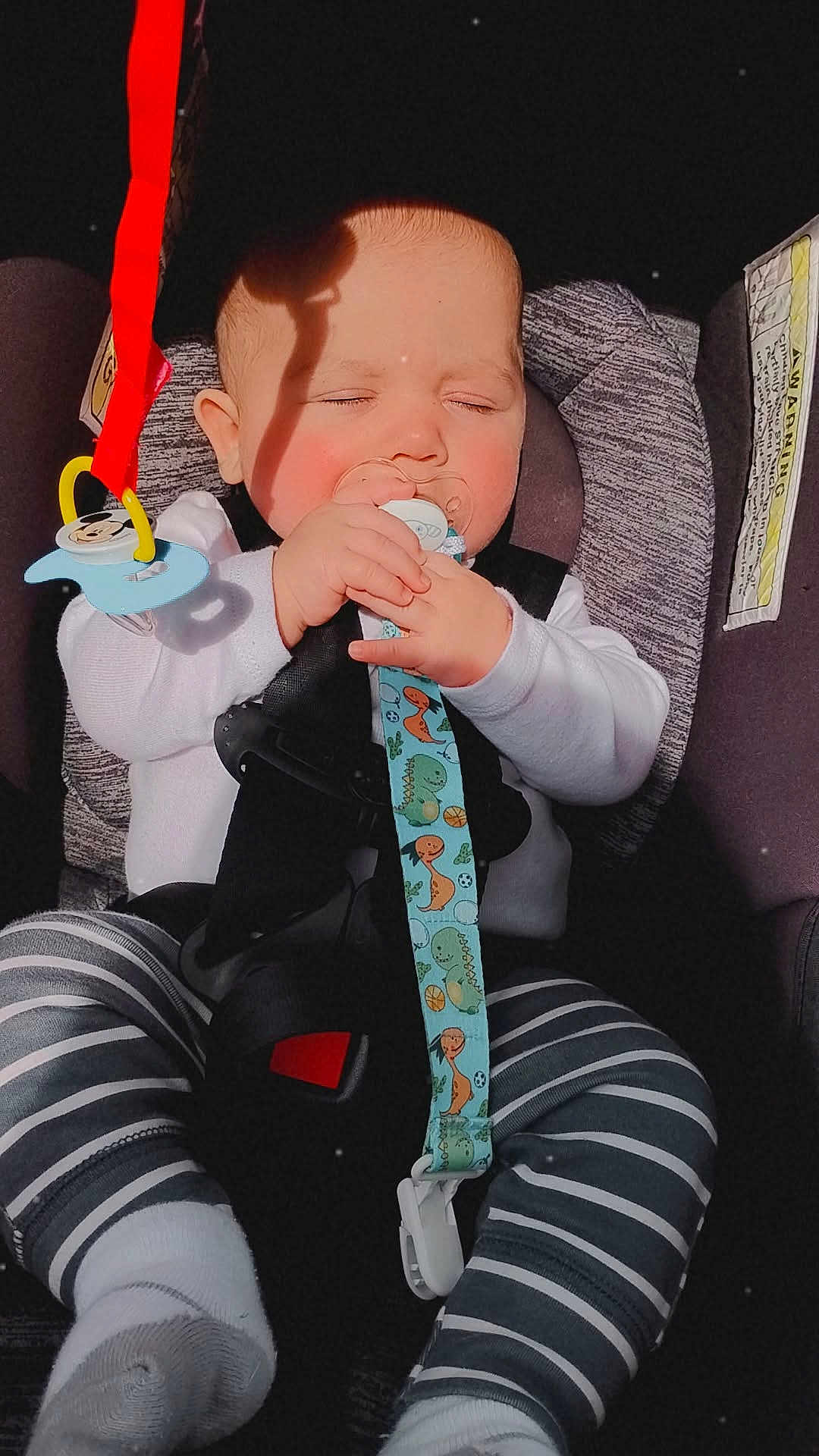 Thomas joined the competition — help win amazing prizes! baby, car_seat, pacifier, dinosaur_pattern, striped_pants, infant, child, safety_harness, sunlight, shadow, white_shirt, sleeping, cute, closeup, indoors, seatbelt, comfort, adorable, peaceful, small_hands