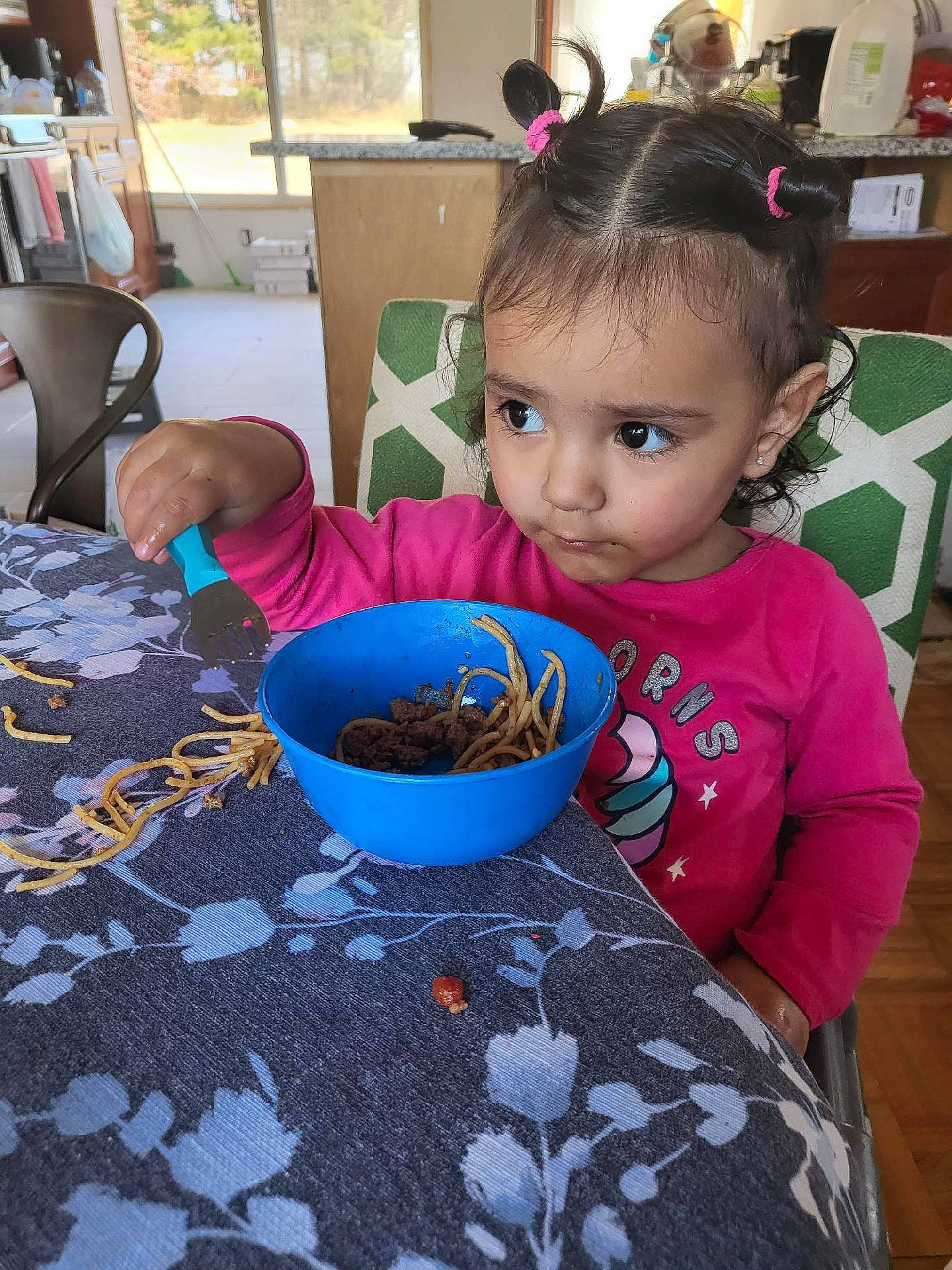 Mila joined the competition — help win amazing prizes! chair, child, cup, drinkware, event, food, house, linens, party, pattern, person, play, room, serveware, sitting, t_shirt, table, tablecloth, tableware, toddler