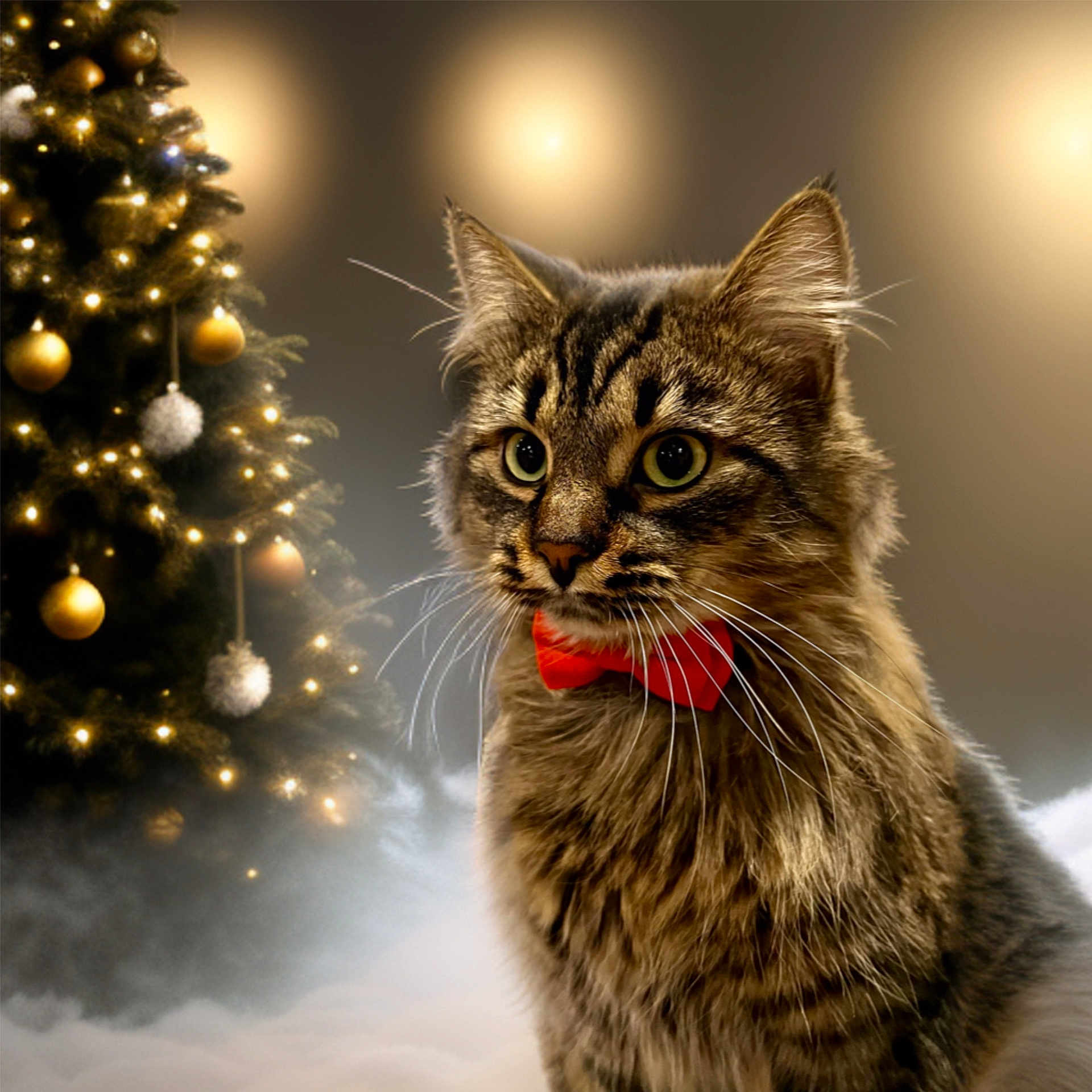 Simba is registered to the contest to win money with this photo: animal, cat, celebration, christmas_tree, close_up, cute, decorations, festive, furry, holiday, indoor, lights, mist, ornaments, pet, portrait, red_bow_tie, soft_lighting, tabby_cat, whiskers