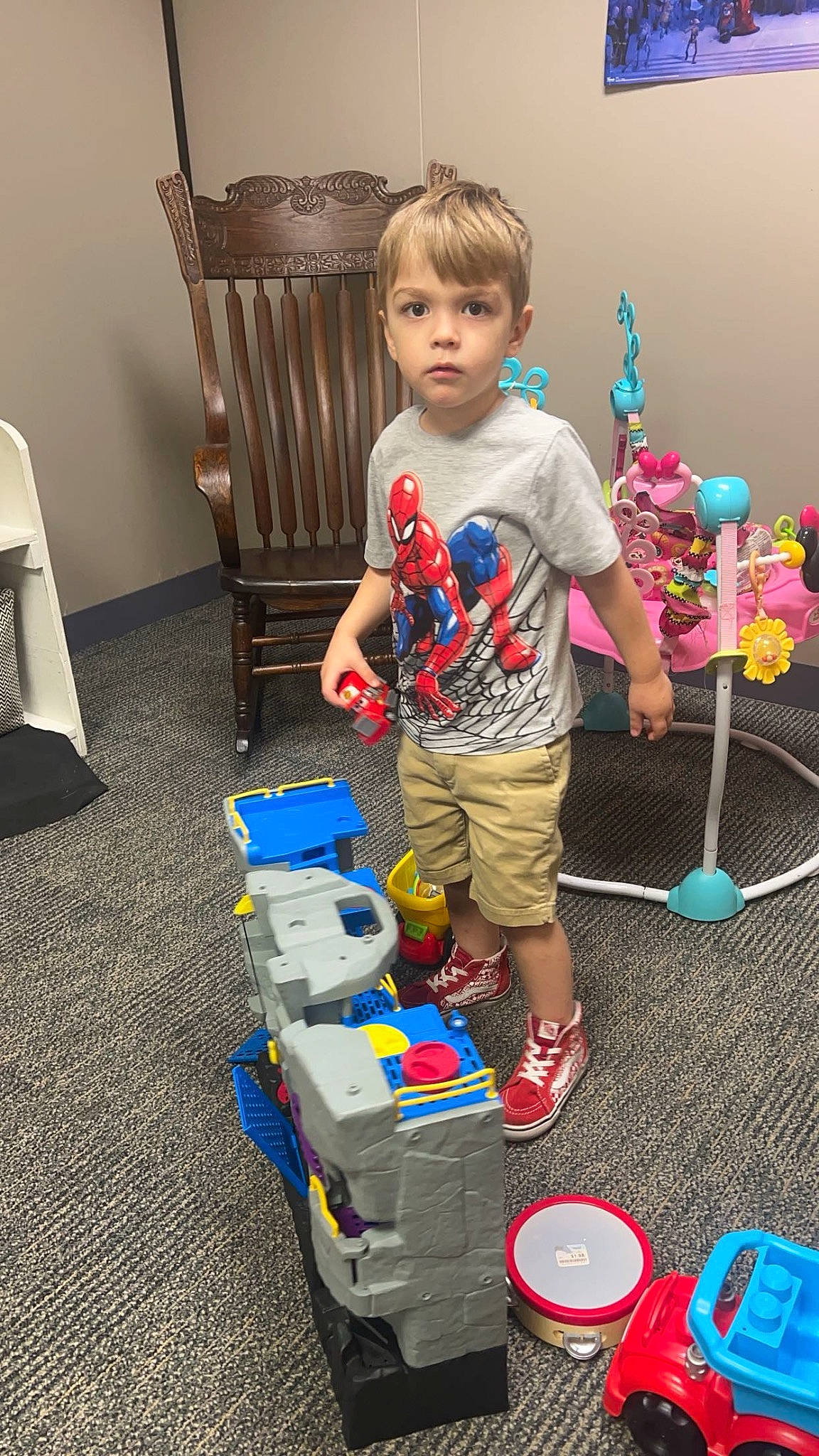 Karson joined the competition — help win amazing prizes! baby_toddler_clothing, box, cardboard, chair, child, flooring, fun, machine, party_supply, person, plastic, play, room, shipping_box, shorts, t_shirt, tin_can, toddler, toy, toy_vehicle