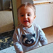 Noé participe au concours pour gagner de l'argent avec cette photo : toddler, child, indoor, sweater, raccoon, face, person, kitchen, cabinet, floor, curious, young, cute, clothing, standing, home, portrait, light, expression, table