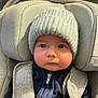 baby, child, infant, car_seat, hat, knit_hat, jacket, zipper, seatbelt, face, cute, indoors, warm_clothing, straps, headwear, person, portrait, young_child, closeup, expression