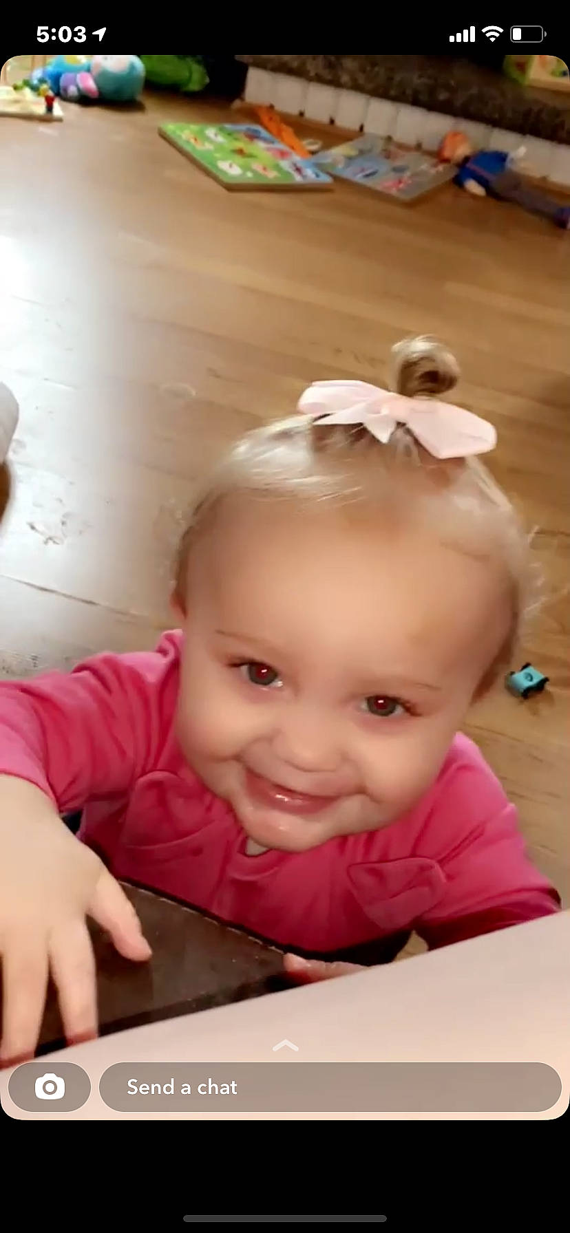 Journi is registered to the contest to win money with this photo: baby, baby_toddler_clothing, cheek, child, eyebrow, eyelash, flooring, fun, happy, headband, headpiece, iris, joy, lip, mouth, nose, person, pink, skin, smile