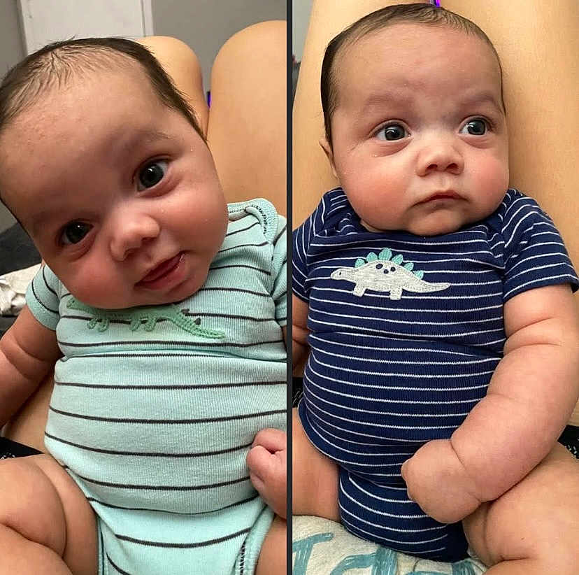 Twins joined the competition — help win amazing prizes! baby, infant, child, onesie, striped_clothing, dinosaur_design, portrait, indoor, cute, chubby_cheeks, person, sitting, legs, expression, head_tilt, blue_clothing, green_clothing, skin, human, closeup