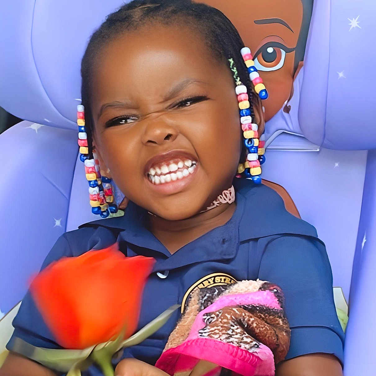 Kasie is registered to the contest to win money with this photo: accessories, baby, bracelet, clothing, dress, face, flower, happy, head, jewelry, laughing, necklace, person, petal, photography, plant, portrait, pottedplant, rose, smile