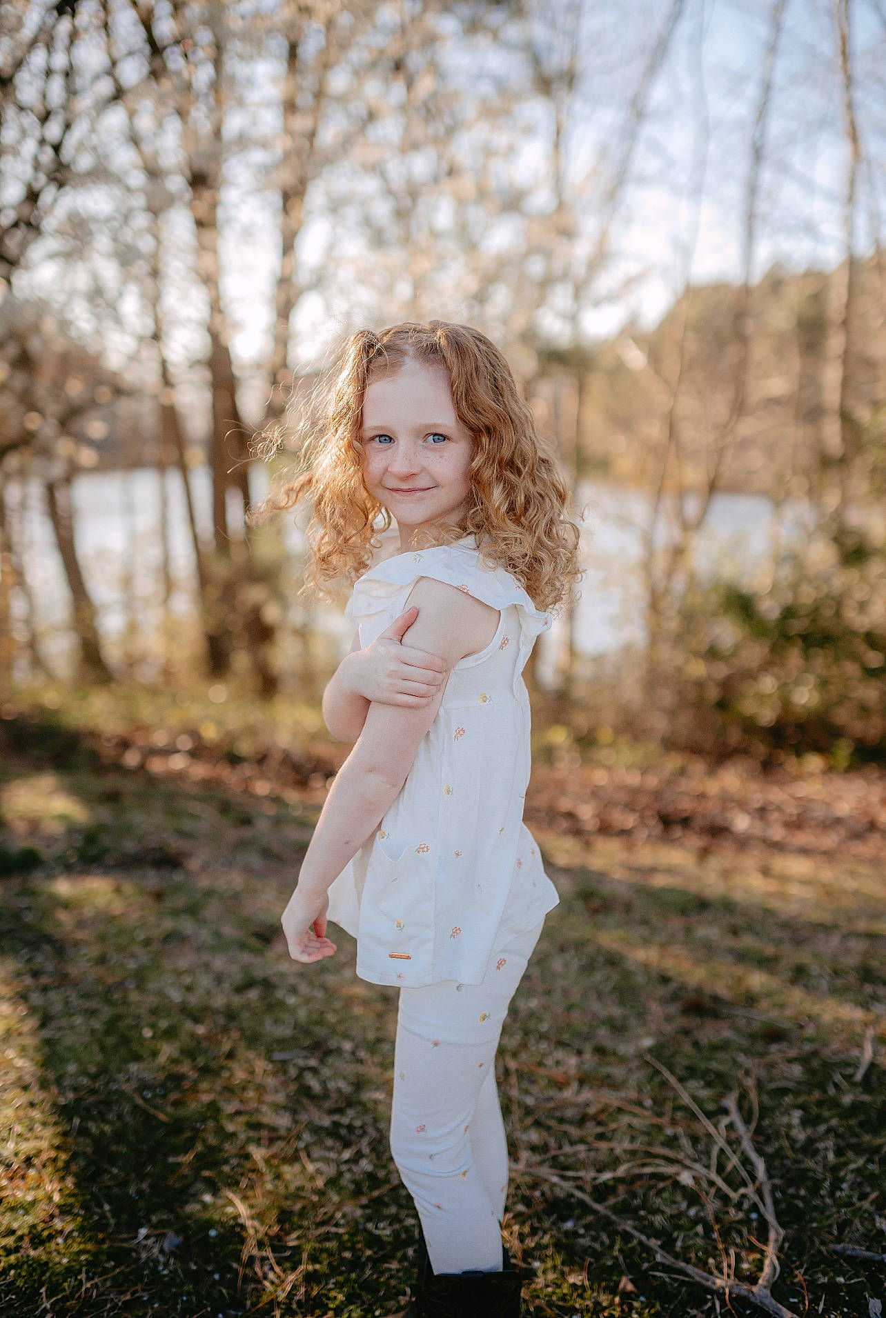 Aubree joined the competition — help win amazing prizes! blond, brown_hair, child, flash_photography, forest, grass, happy, head, joy, long_hair, natural_landscape, people_in_nature, person, plant, sky, toddler, tree, twig, waist, winter