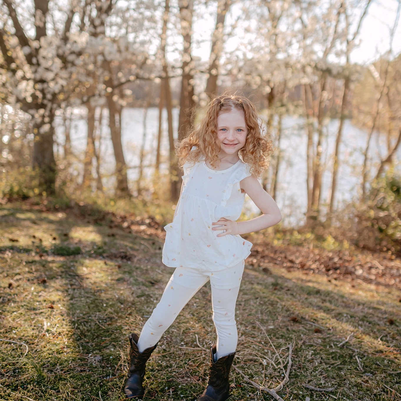 Aubree joined the competition — help win amazing prizes! blond, branch, flash_photography, forest, gesture, grass, happy, knee, leg, long_hair, natural_landscape, people_in_nature, plant, shoe, sky, sunlight, tree, twig, wood, woodland