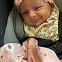 baby, baby_girl, blanket, car_seat, child, clothing, comfort, cute, face, floral, happy, headband, indoors, infant, pink, portrait, seatbelt, smile, soft, young
