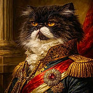 Saphar a rejoint le concours — aidez-le/la à gagner de superbes lots ! cat, portrait, animal, regal, historical_clothing, military_uniform, gold_epaulettes, red_sash, amber_eyes, feline, majestic, costume, decorative, ornate, luxury, indoor, classical_style, portrait_style, fur, whiskers