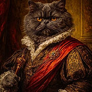 Toba participe au concours pour gagner de l'argent avec cette photo : cat, gray_cat, portrait, royalty, renaissance_style, costume, ruffled_collar, scepter, red_sash, luxury, ornate, regal, feline, historical_clothing, detailed_texture, golden_eyes, indoor, artistic, painting_style, costumed_cat