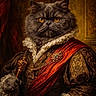 cat, gray_cat, portrait, royalty, renaissance_style, costume, ruffled_collar, scepter, red_sash, luxury, ornate, regal, feline, historical_clothing, detailed_texture, golden_eyes, indoor, artistic, painting_style, costumed_cat