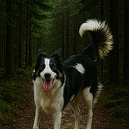 Kira participe au concours pour gagner de l'argent avec cette photo : dog, border_collie, animal, forest, path, trees, nature, outdoor, pet, canine, fur, happy, tongue_out, tail, walking, greenery, woods, mammal, wildlife, daylight