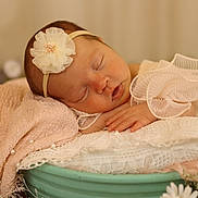 Oakley joined the competition — help win amazing prizes! baby, newborn, sleeping, headband, flower_headband, blanket, pillow, lace, hand, mouth, rosy_cheeks, basket, soft_texture, pastel, props, portrait, closeup, peaceful, cozy, studio_photography