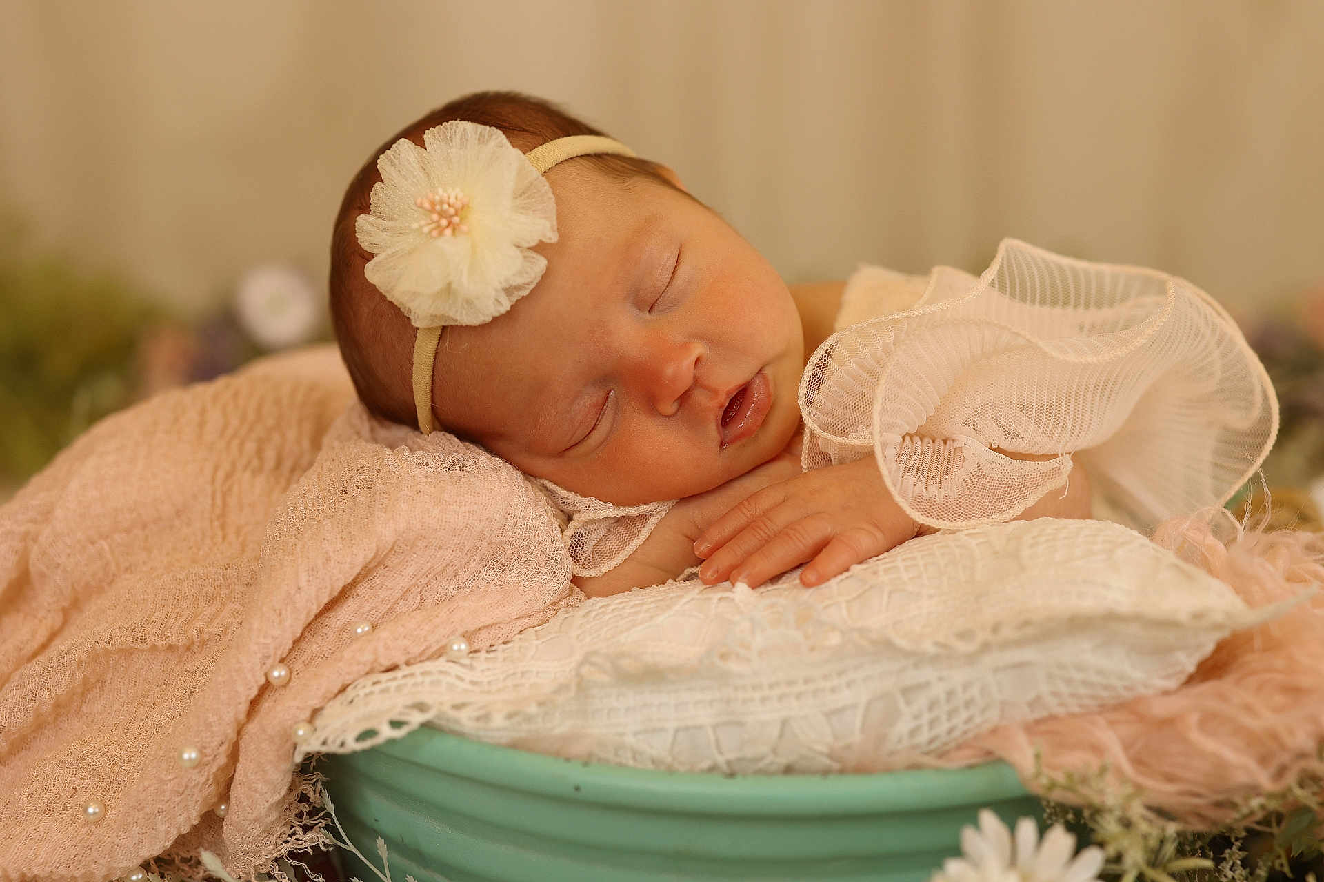 Oakley joined the competition — help win amazing prizes! baby, newborn, sleeping, headband, flower_headband, blanket, pillow, lace, hand, mouth, rosy_cheeks, basket, soft_texture, pastel, props, portrait, closeup, peaceful, cozy, studio_photography