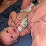 Grayson joined the competition — help win amazing prizes! baby, milk_bottle, bed, blanket, diaper, person, legs, bottle, milk, sleepwear, infant, lying_down, hand, face, mouth, blue_blanket, pink_blanket, bedroom, soft_lighting, closeup