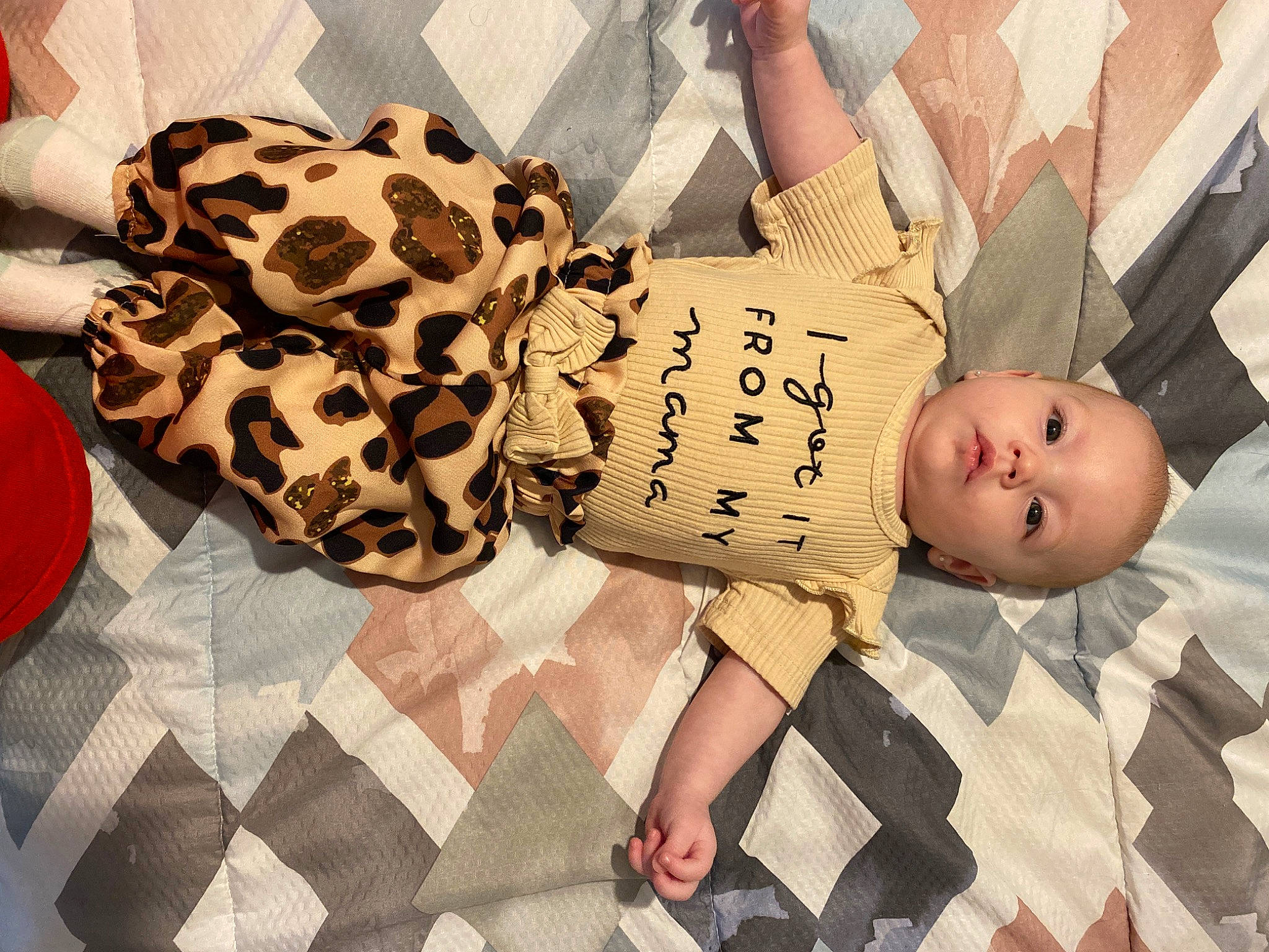 Misty is registered to the contest to win money with this photo: baby, baby_toddler_clothing, child, comfort, eyelash, fashion_accessory, fawn, felidae, font, fur, hair_accessory, happy, headpiece, jewellery, linens, pattern, peach, person, room, textile