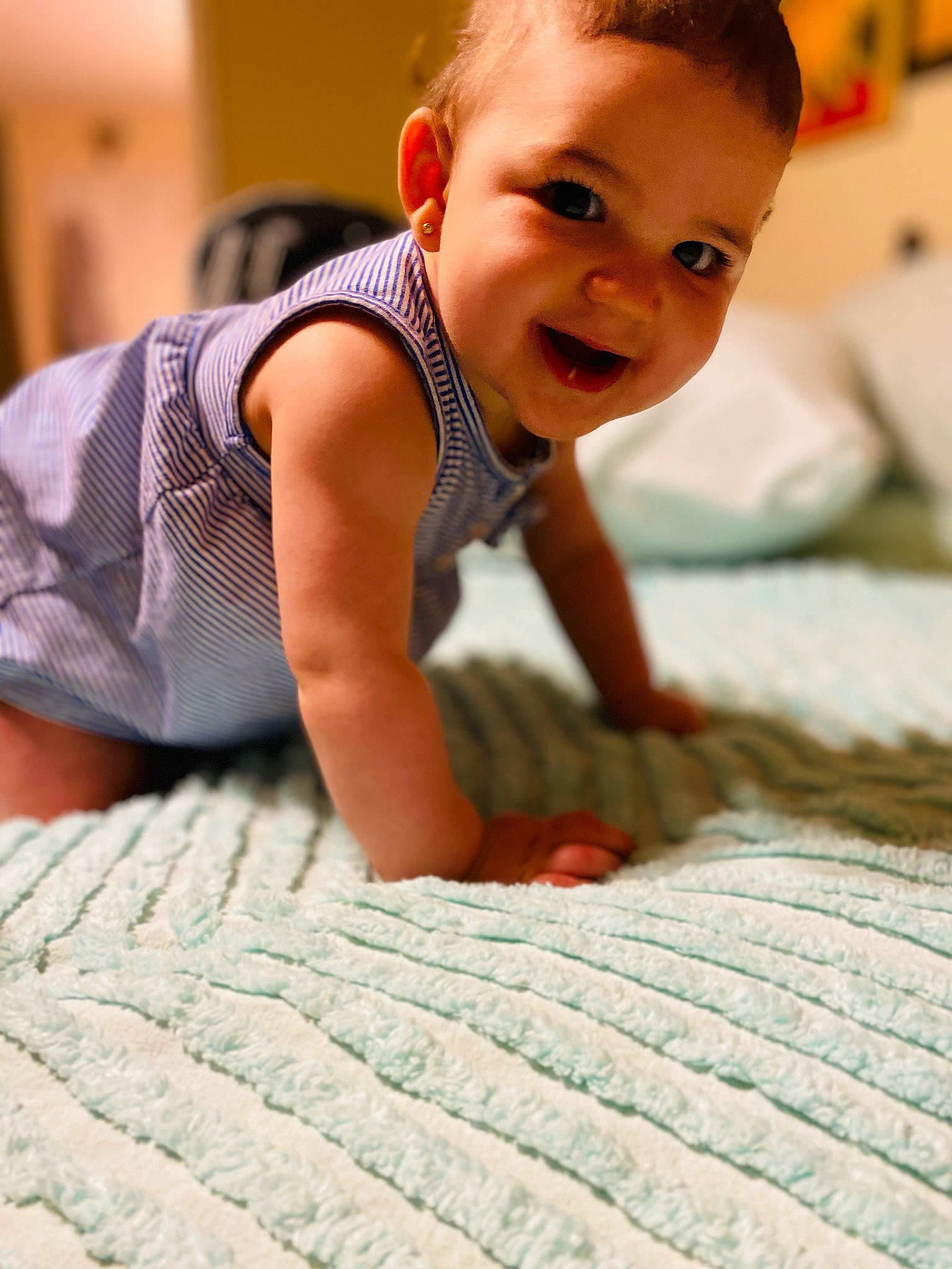 Bella Victoria joined the competition — help win amazing prizes! baby, cheek, child, crawling, floor, flooring, linens, person, play, room, sitting, skin, smile, toddler, tummy_time, vacation