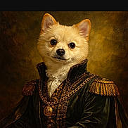 Latte is registered to the contest to win money with this photo: dog, portrait, historical_clothing, uniform, regal, pet, canine, costume, vintage_style, painting_style, brown_background, medallion, fur, ears, animal, posing, formal, decoration, chain, digital_art
