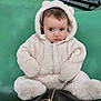 baby, child, fur_suit, hood, green_background, cute, expression, sitting, portrait, winter_clothing, zipper, face, eyes, hands, feet, infant, warm, cozy, one_person, indoors