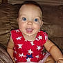 Hailee Grace joined the competition — help win amazing prizes! arm, baby, blue_eyes, child, clothing, couch, cute, diaper, drool, face, furniture, happy, head, indoor, infant, person, red_dress, sitting, smiling, stars