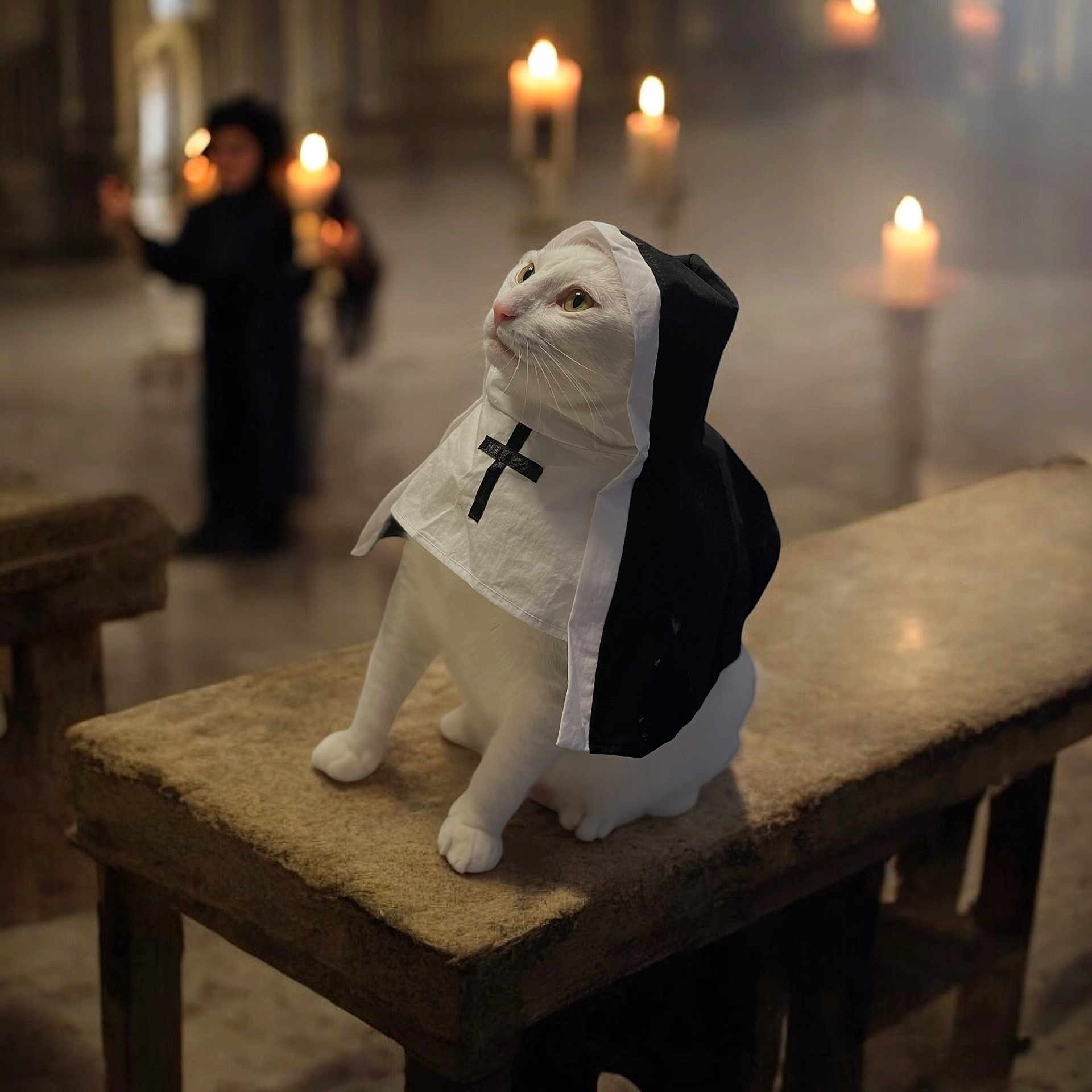 Lunan joined the competition — help win amazing prizes! animal, bench, black_and_white, blurred_background, candle, candles, cat, costume, cute, dim_lighting, feline, indoor, mystery, nun_outfit, pet, portrait, religious_theme, serene, white_cat, wooden_bench