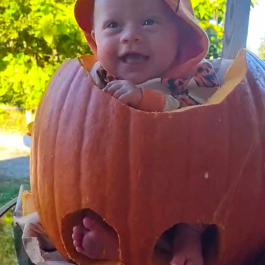 Nova-Jo is registered to the contest to win money with this photo: autumn, baby, child, costume, cute, fall, feet, festive, greenery, happy, headwear, holiday, hollowed_pumpkin, orange, outdoor, porch, pumpkin, smile, sunlight, tree