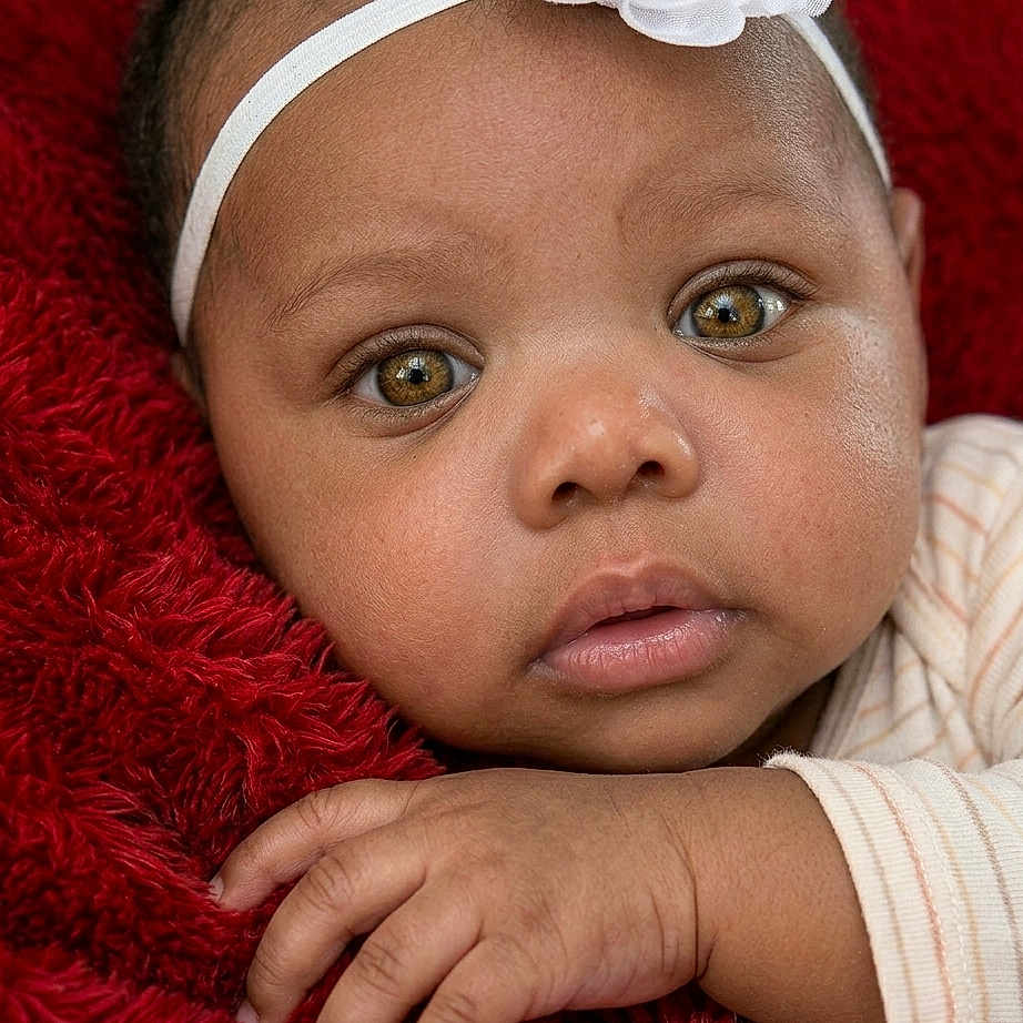 Sahara Jean is registered to the contest to win money with this photo: baby, child, closeup, clothing, cute, expression, eyes, face, flower, hand, headband, infant, newborn, portrait, red_blanket, resting, skin, soft, toddler, warm