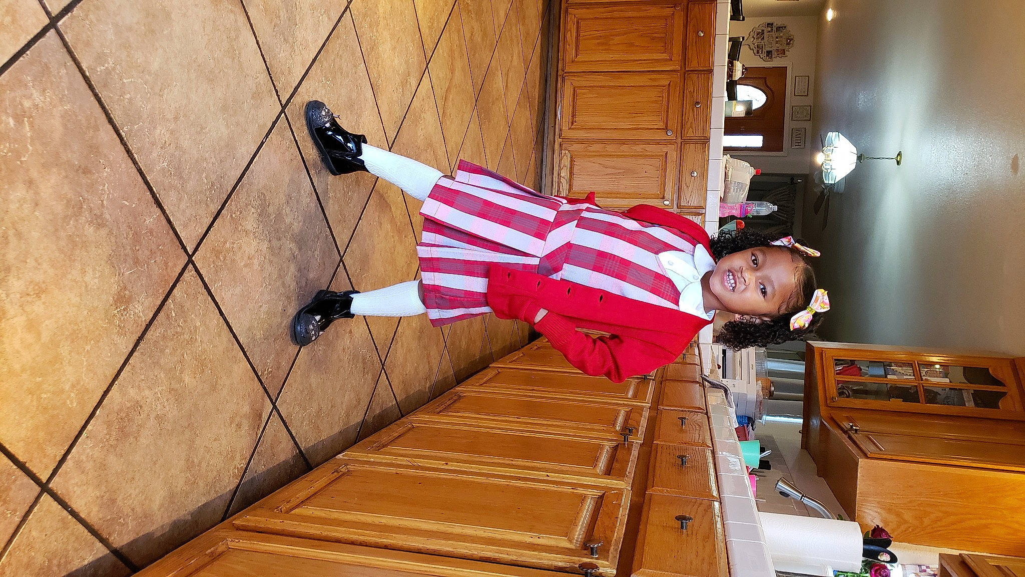 Faith joined the competition — help win amazing prizes! door, floor, flooring, handrail, hardwood, human_leg, lamp, orange, pattern, person, plywood, room, smile, stairs, tree, varnish, walking_shoe, wood, wood_flooring, wood_stain