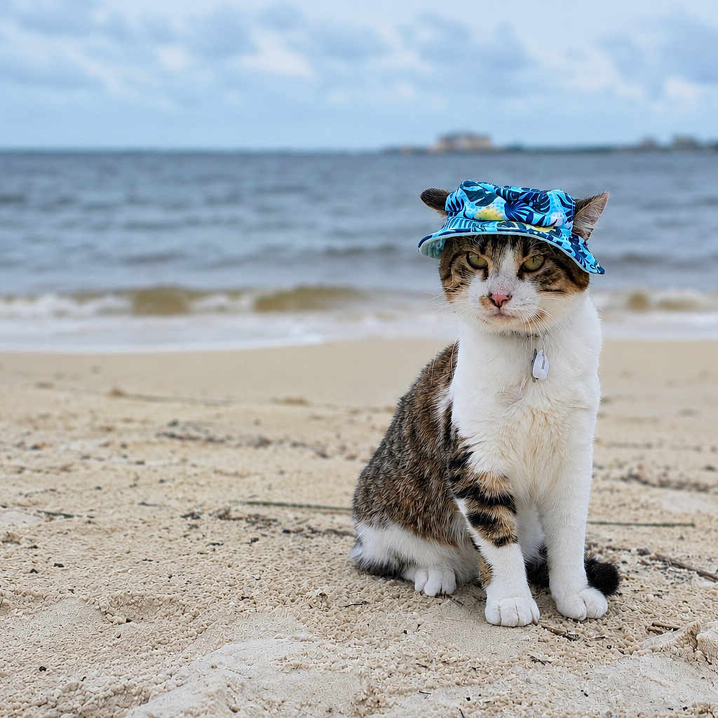 Ruger is registered to the contest to win money with this photo: cat, beach, sand, sea, hat, animal, pet, outdoor, sky, cloudy, water, nature, portrait, feline, costume, accessory, sitting, calm, summer, vacation
