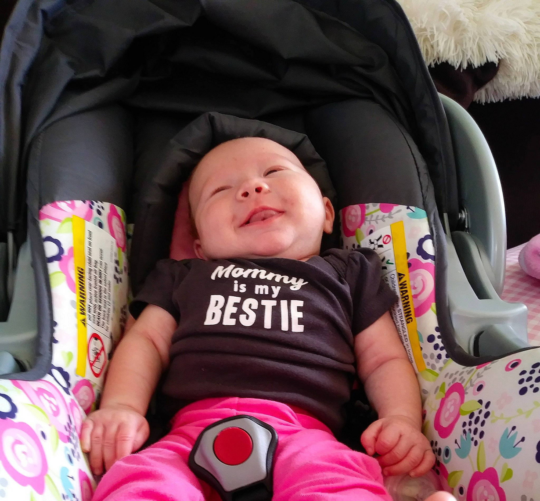 Kiera joined the competition — help win amazing prizes! baby, baby_carriage, baby_in_car_seat, baby_products, car_seat, car_seat_cover, child, comfort, person, pink, product, sleep, toddler