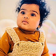 Anika Yenkarla is registered to the contest to win money with this photo: adorable, baby, brown_clothing, casual, child, closeup, cozy, curly_hair, cute, expression, face, fleece, indoor, infant, portrait, seated, soft_texture, warm_colors, wide_eyes, young_child