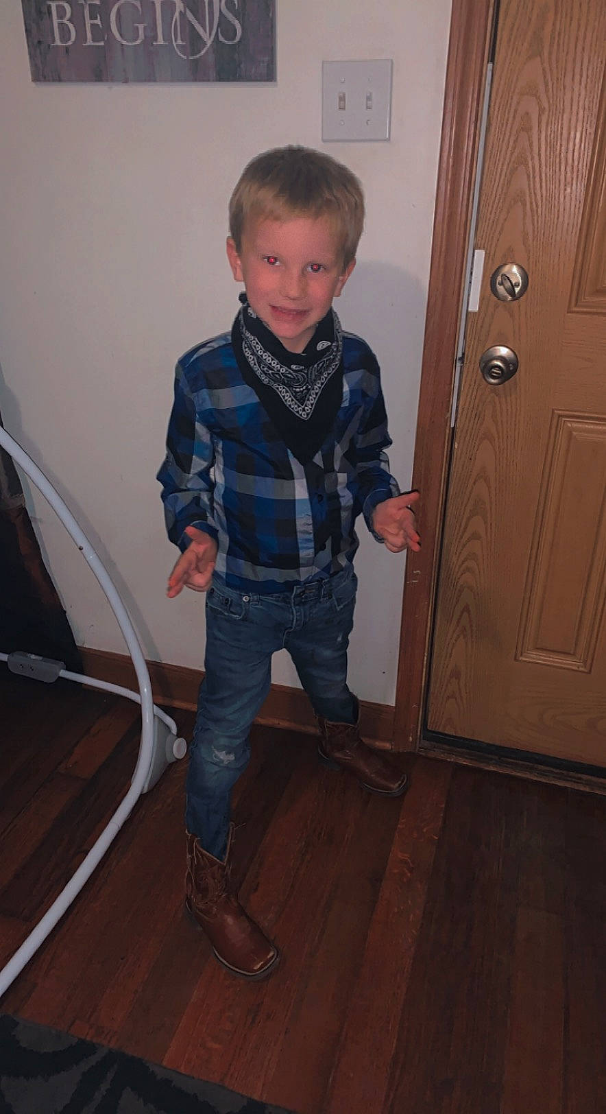 Cayden joined the competition — help win amazing prizes! cabinetry, denim, door, dress_shirt, electric_blue, floor, flooring, hardwood, home_door, joy, pattern, person, room, sleeve, smile, sneakers, stairs, toddler, varnish, wood