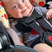 Kehlani is registered to the contest to win money with this photo: baby, baby_clothes, blue_eyes, car_seat, child, closeup, colorful, cute, fabric, face, happy, indoor, infant, patterned, person, polka_dot_clothing, portrait, safety, seatbelt, smile