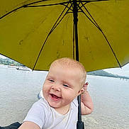 Veronica-Jade is registered to the contest to win money with this photo: baby, child, umbrella, yellow, lake, water, boats, outdoor, nature, hill, sky, cloudy, smiling, happy, portrait, person, summer, vacation, cute, scenic