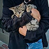 person, cat, kitten, tabby_cat, black_jacket, blue_jeans, outdoor, holding, pet, young_person, curious_cat, casual_clothing, concrete_floor, necklace, portrait, animal, cute, feline, friendly, comfort