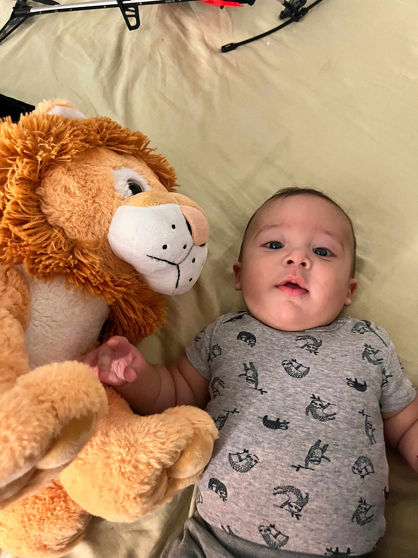 Alan is registered to the contest to win money with this photo: baby, infant, plush_toy, lion, stuffed_animal, bed, bedding, clothing, onesie, child, cute, soft, toy, indoor, portrait, lying_down, person, young_child, face, expression