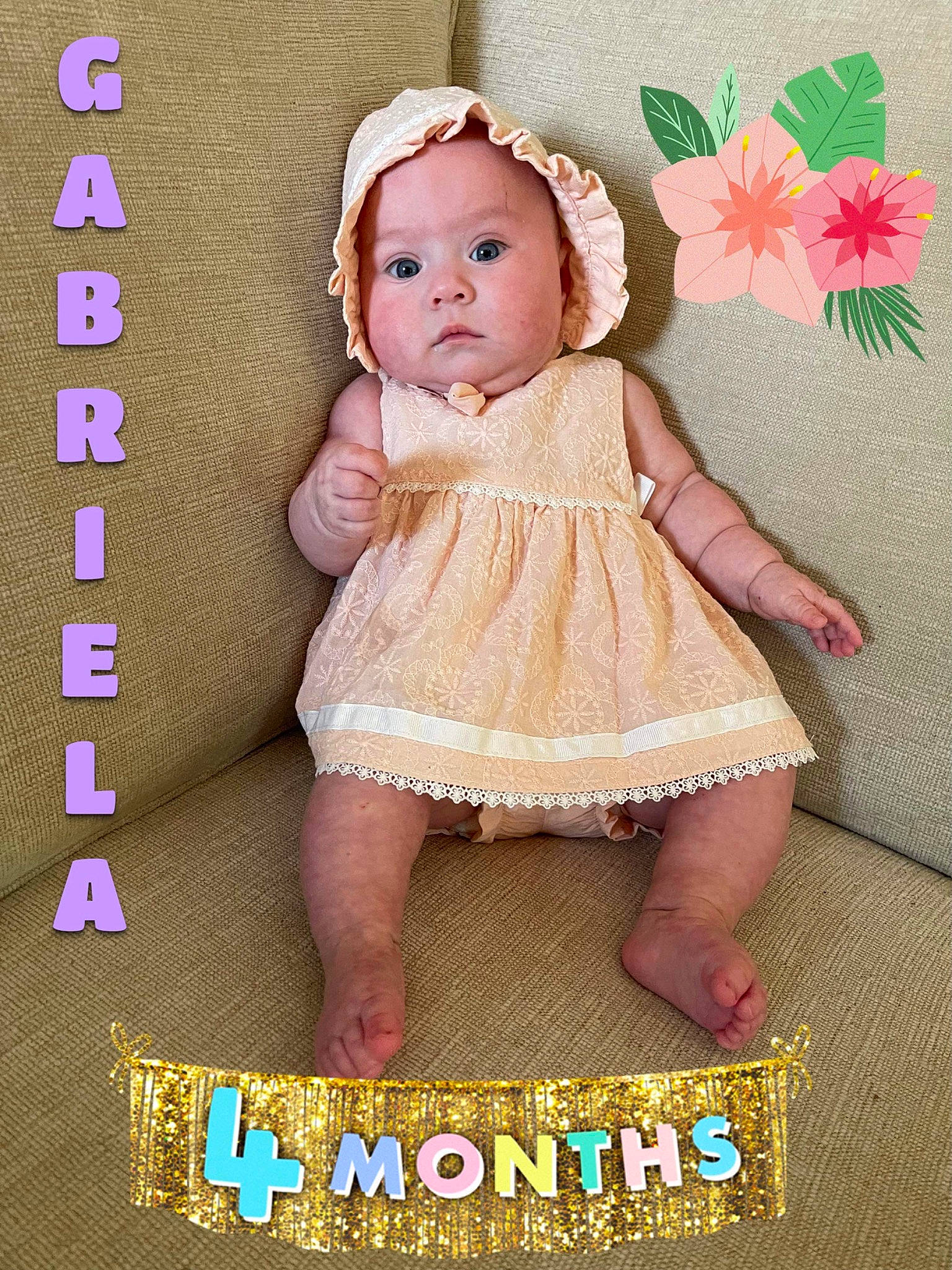 Gabriela is registered to the contest to win money with this photo: baby, baby_products, baby_toddler_clothing, beauty, cheek, child, fashion_accessory, flower, happy, magenta, pattern, peach, person, petal, photo_caption, pink, pollinator, skin, sleeve, toddler