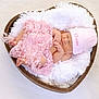 newborn, baby, sleeping, pink_hat, pink_lace, heart_shaped_basket, white_fur, infant, cute, cozy, soft_texture, portrait, peaceful, wrapped, delicate, cute_baby, baby_clothing, newborn_photography, resting, tender