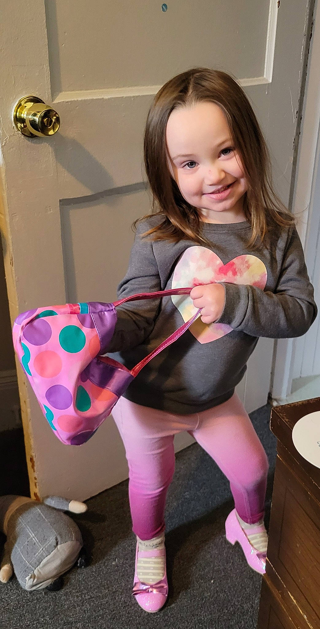 Guinevere joined the competition — help win amazing prizes! bangs, brown_hair, child, fashion_accessory, hair, happy, human_leg, joy, knee, leg, leggings, long_hair, magenta, person, pink, purple, shoe, smile, sock, sportswear