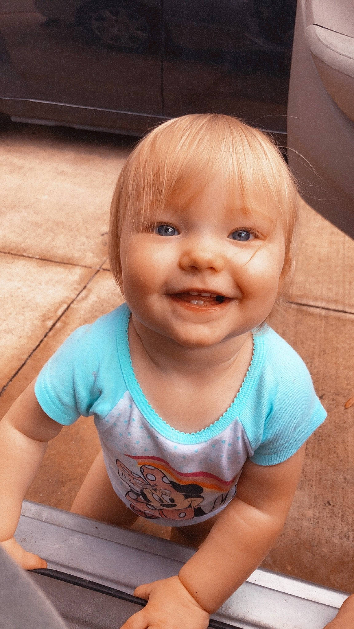 Ava Grace is registered to the contest to win money with this photo: arm, cheek, chin, clothing, eye, eyelash, face, facial_expression, floor, happy, head, iris, joy, lip, mouth, nose, organ, person, skin, sleeve